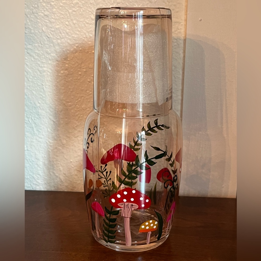 Bedside Carafe & Tumbler Glass Set Mushroom Decor